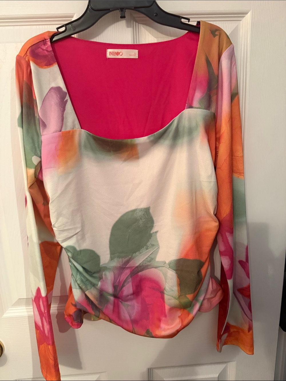 Intempo Multicolor Floral Scoop-Neck Long Sleeve Top with Pink Lining